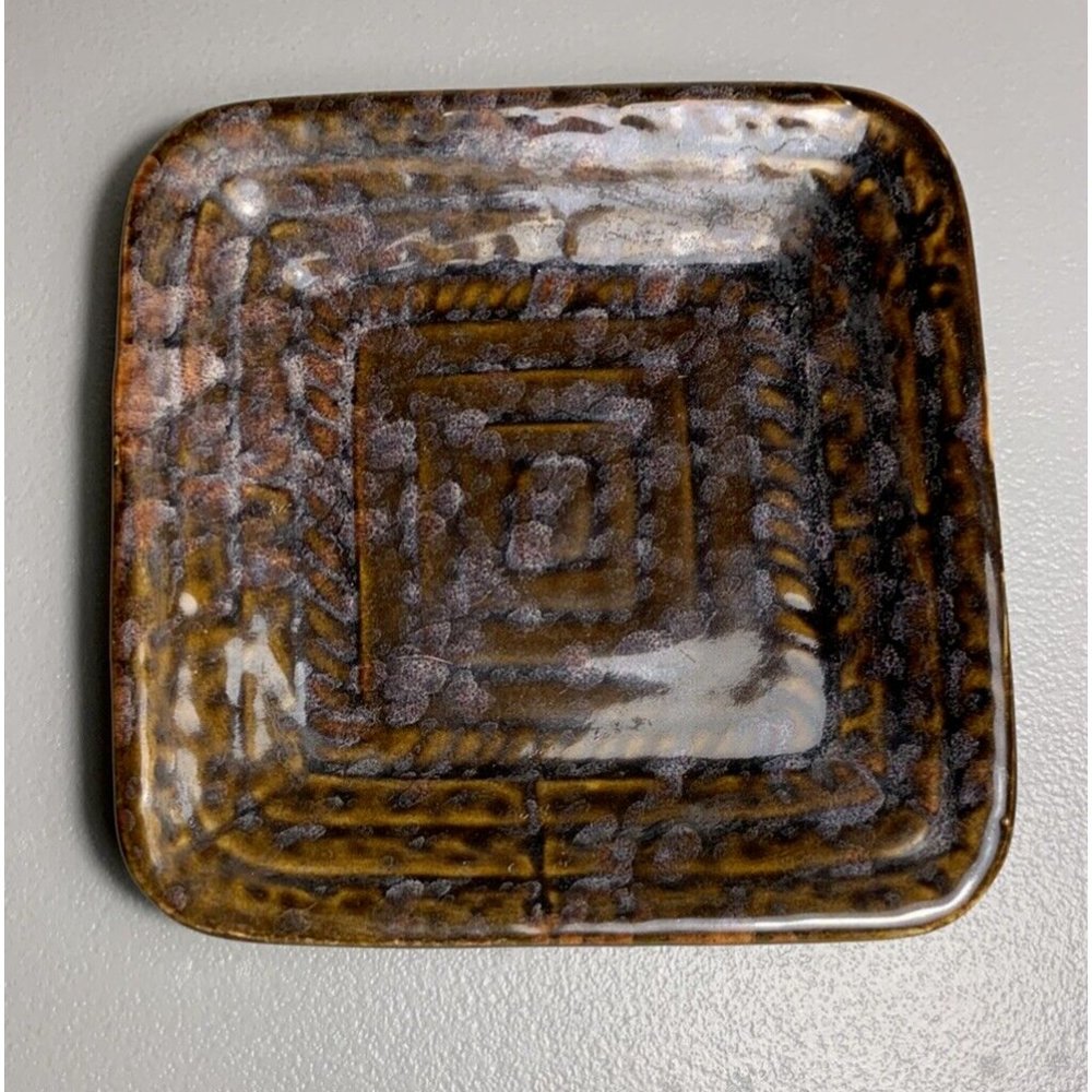 Studio Pottery Square Plate Dish Brown Glaze with White Details 5"